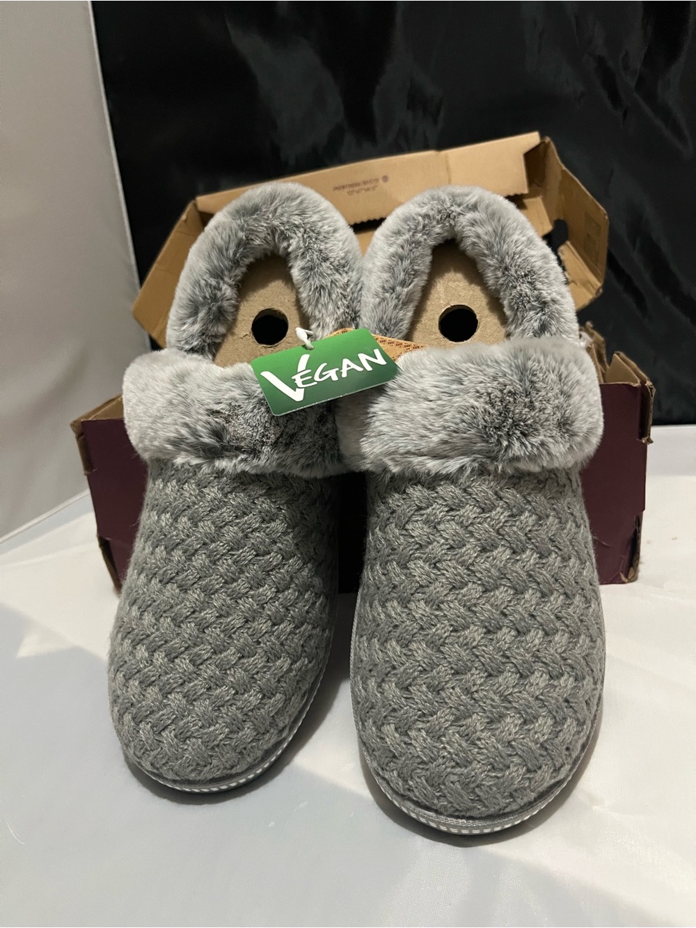 Skechers Women's Gray Vegan Knit Faux-Fur Clog Slippers